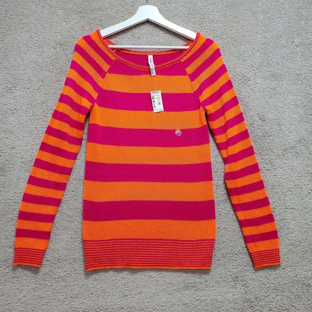 Aeropostale Sweater Womens Medium Orange  Red Stripe Crew Neck‎ Knit Pullover